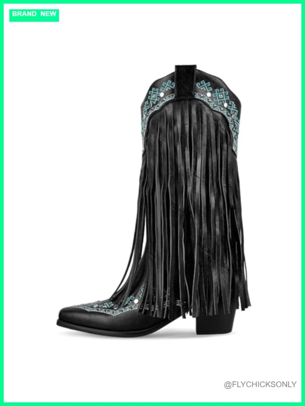 Fringe Cowboy Boots Mid Calf Western Embroidered Chunky Heel